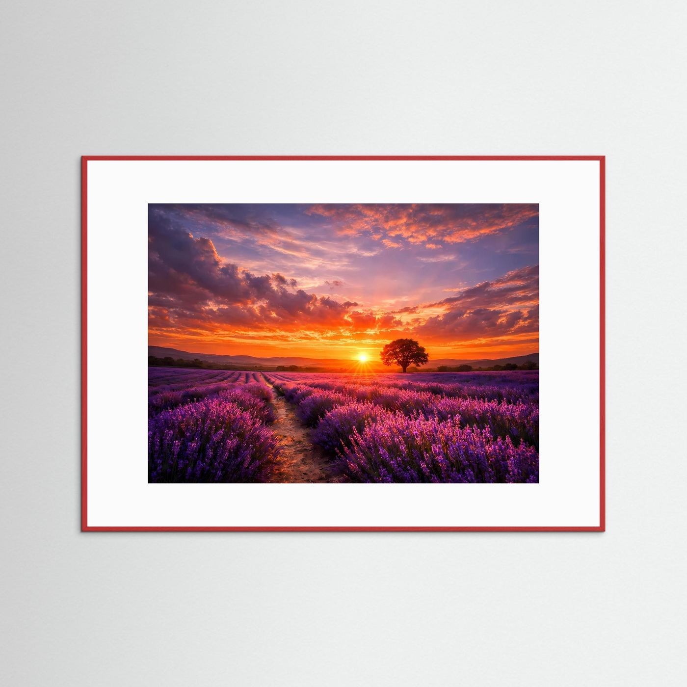 Wandbild Lavendelfeld bei Sonnenuntergang, roter Holzrahmen, weißes Passepartout