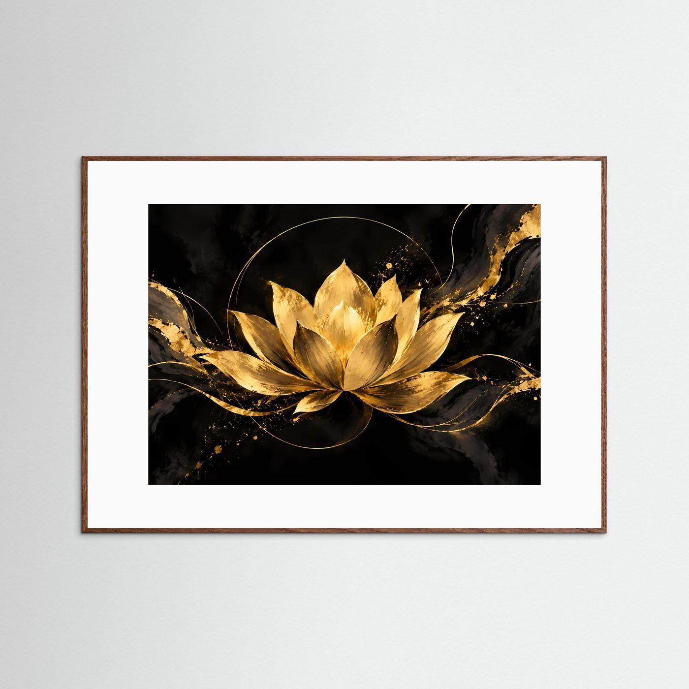 Poster mit goldener Lotusblüte, dunklem Hintergrund, brauner Holzrahmen