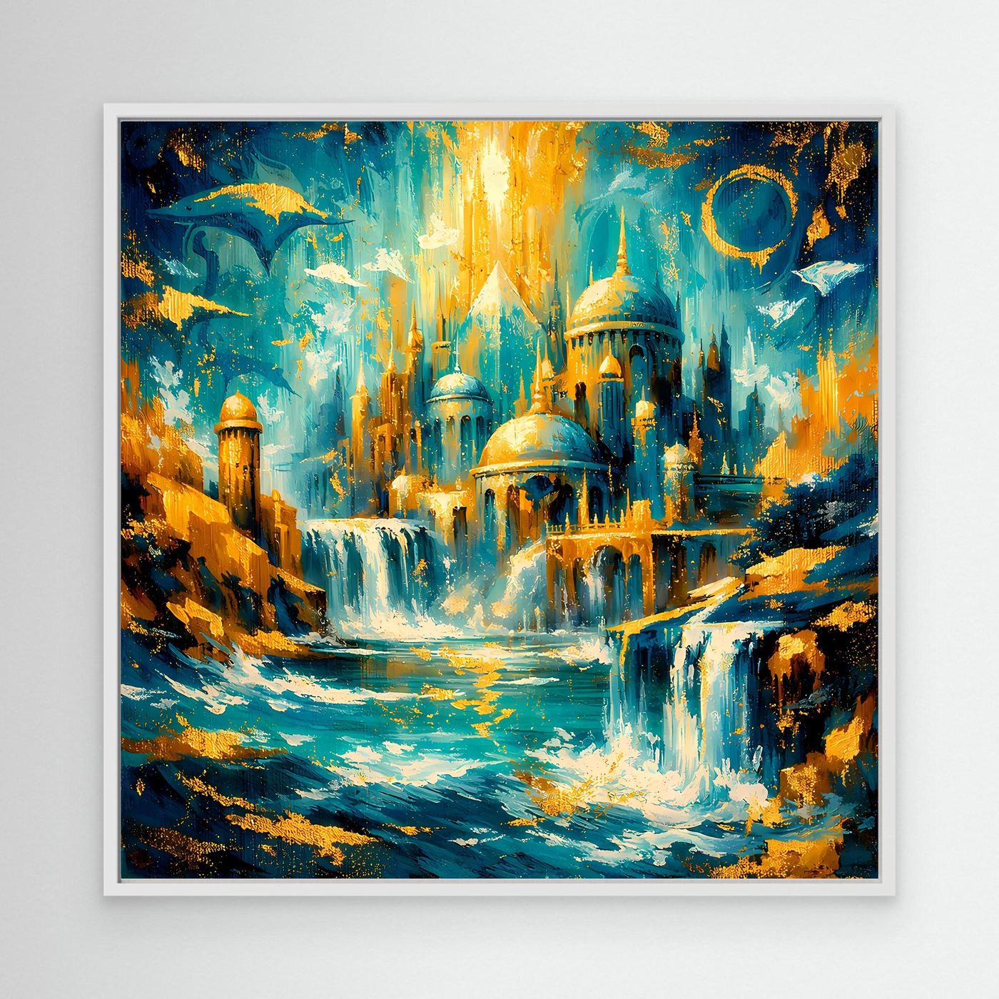 Leinwandbild Fantasystadt mit blauem Palast und goldenen Lichtern, weißer Rahmen