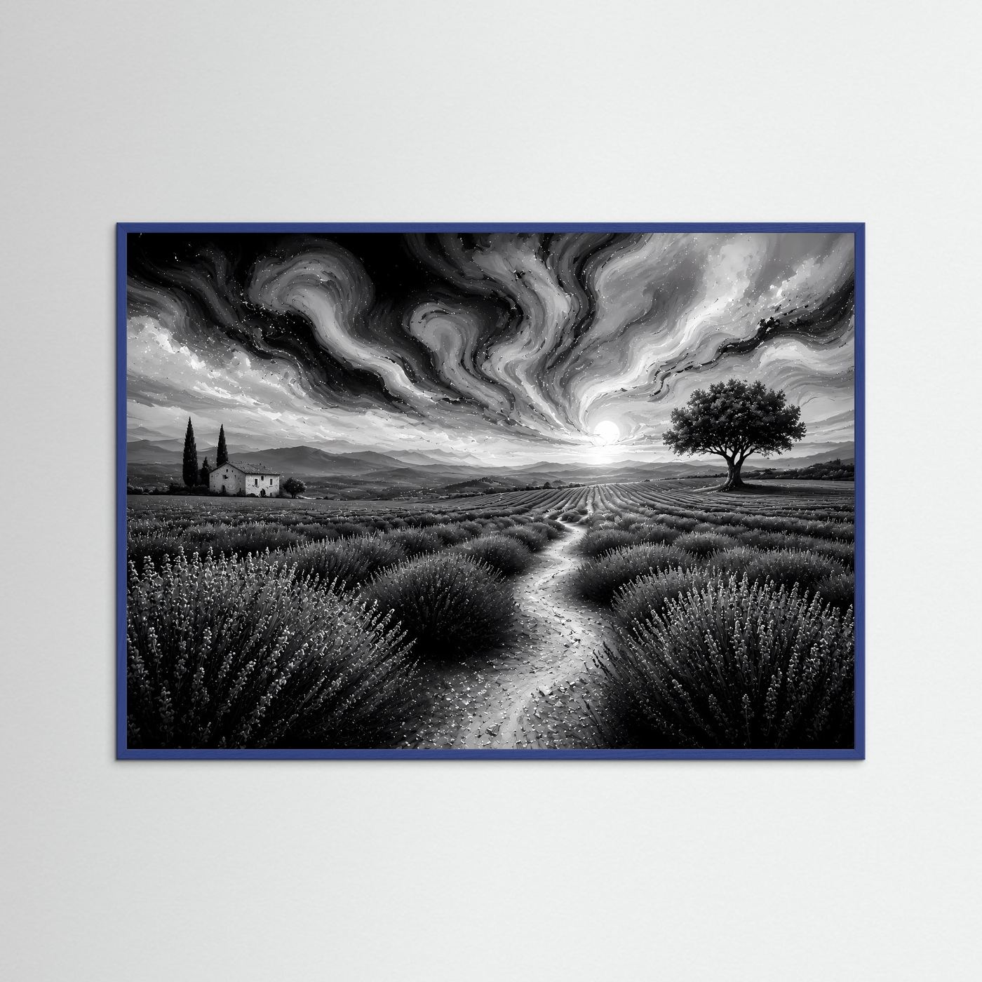 Lavendelfeld in Schwarz-Weiß | Abstrakte Landschaft mit dramatischem Himmel