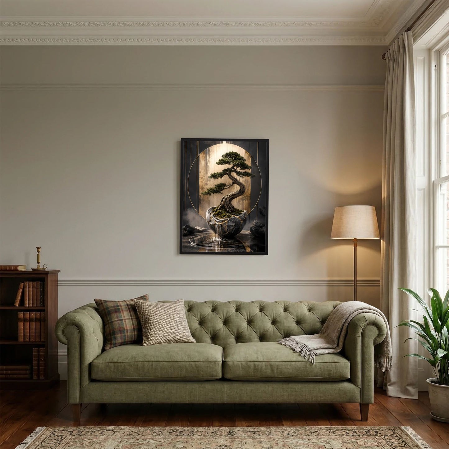 Gerahmtes Poster mit Zen-Bonsai im Keramiktopf, schwarzer Rahmen, goldfarbene Lichtakzente