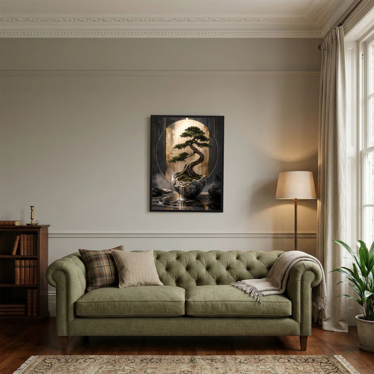 Gerahmtes Poster mit Zen-Bonsai im Keramiktopf, schwarzer Rahmen, goldfarbene Lichtakzente
