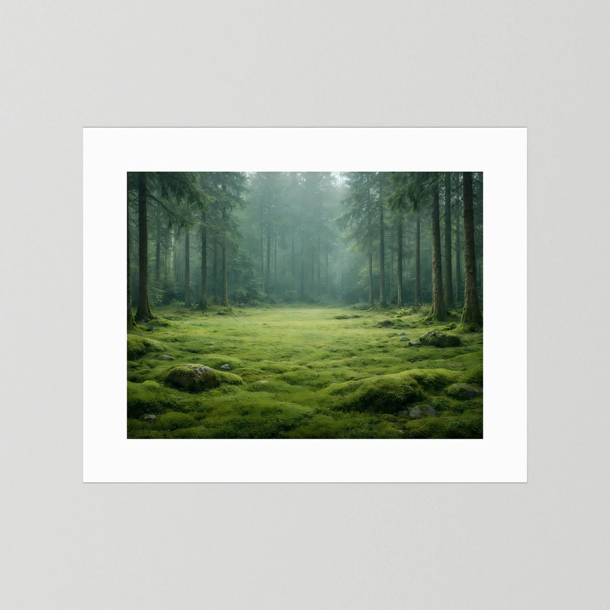 Wandbild mit weißem Passepartout und Waldlichtung, grünem Moos im Nebel