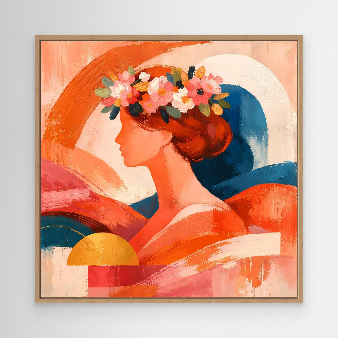 Leinwandbild mit Holzrahmen: abstraktes Frauenporträt im Profil, Blumen im Haar, Orange/Blau.