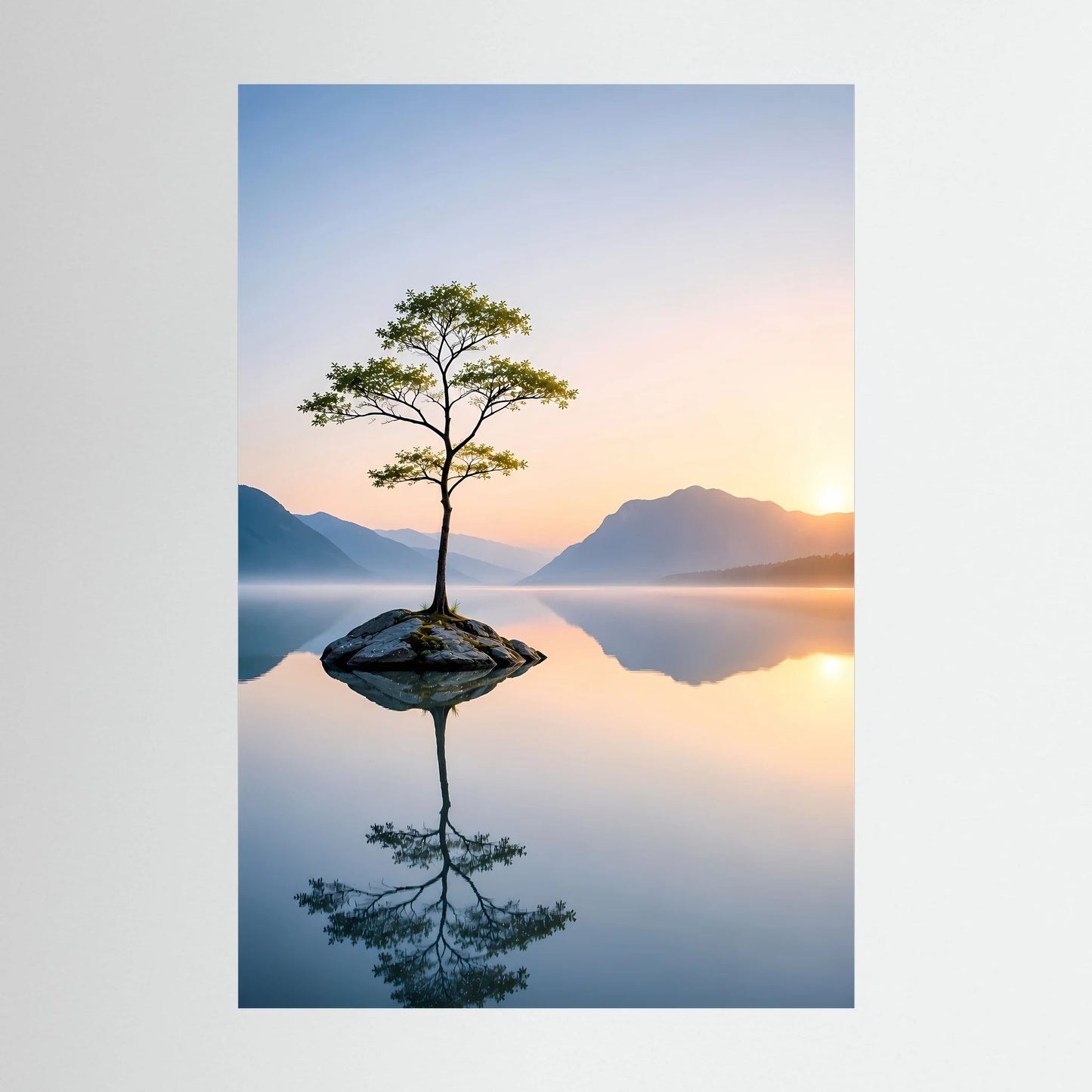 Poster im Hochformat mit Baum auf Felsinsel und Spiegelbild im See