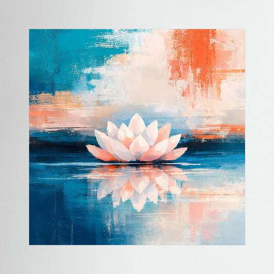 Abstraktes Leinwandbild mit Lotusblüte auf spiegelndem Wasser in Blau und Orange