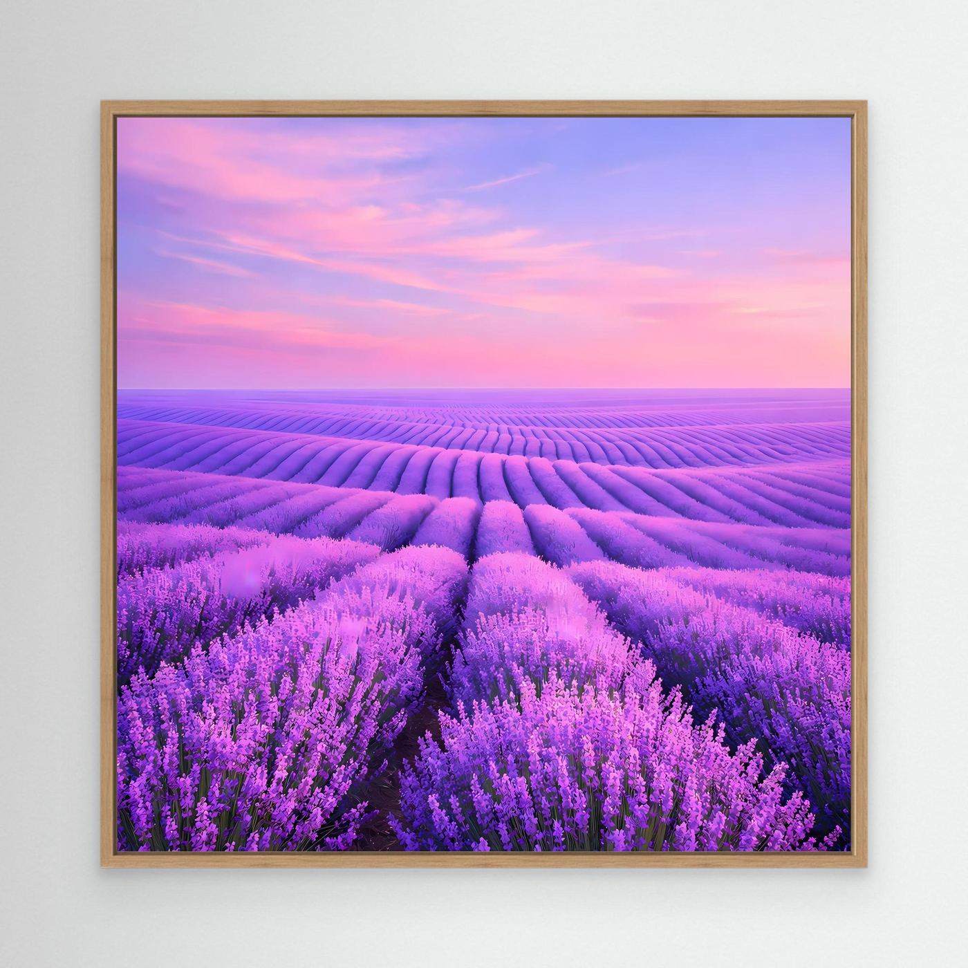 Lavendelfeld-Wandbild im Holzrahmen, Blick auf lila Blüten und diagonale Reihen