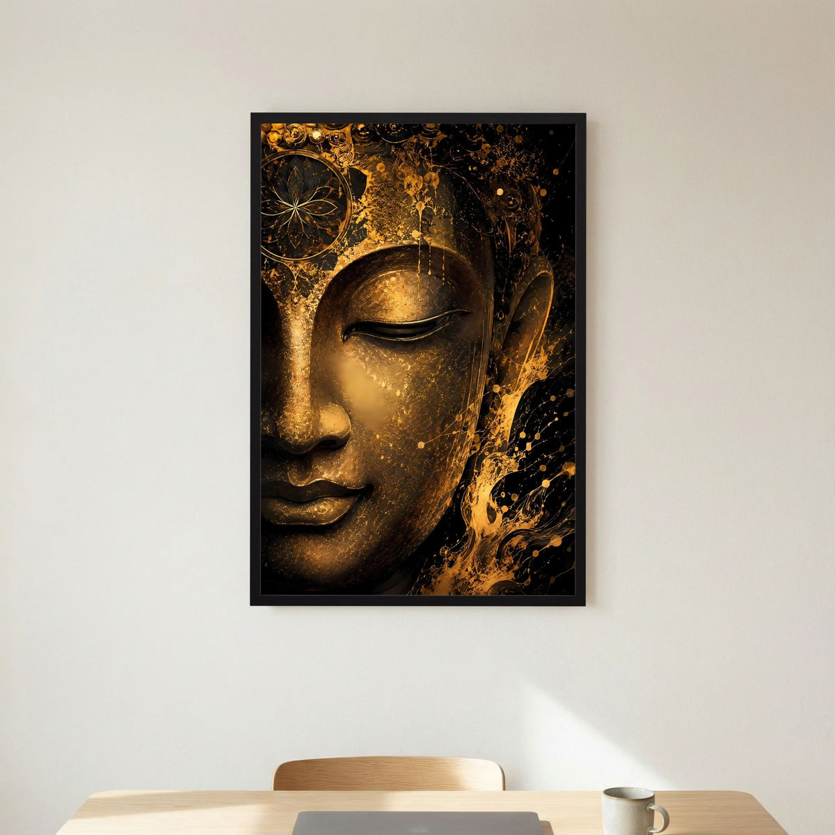 Abstraktes Buddha-Gesicht Poster, schwarz-goldener Look, Hochformat, schwarzer Rahmen