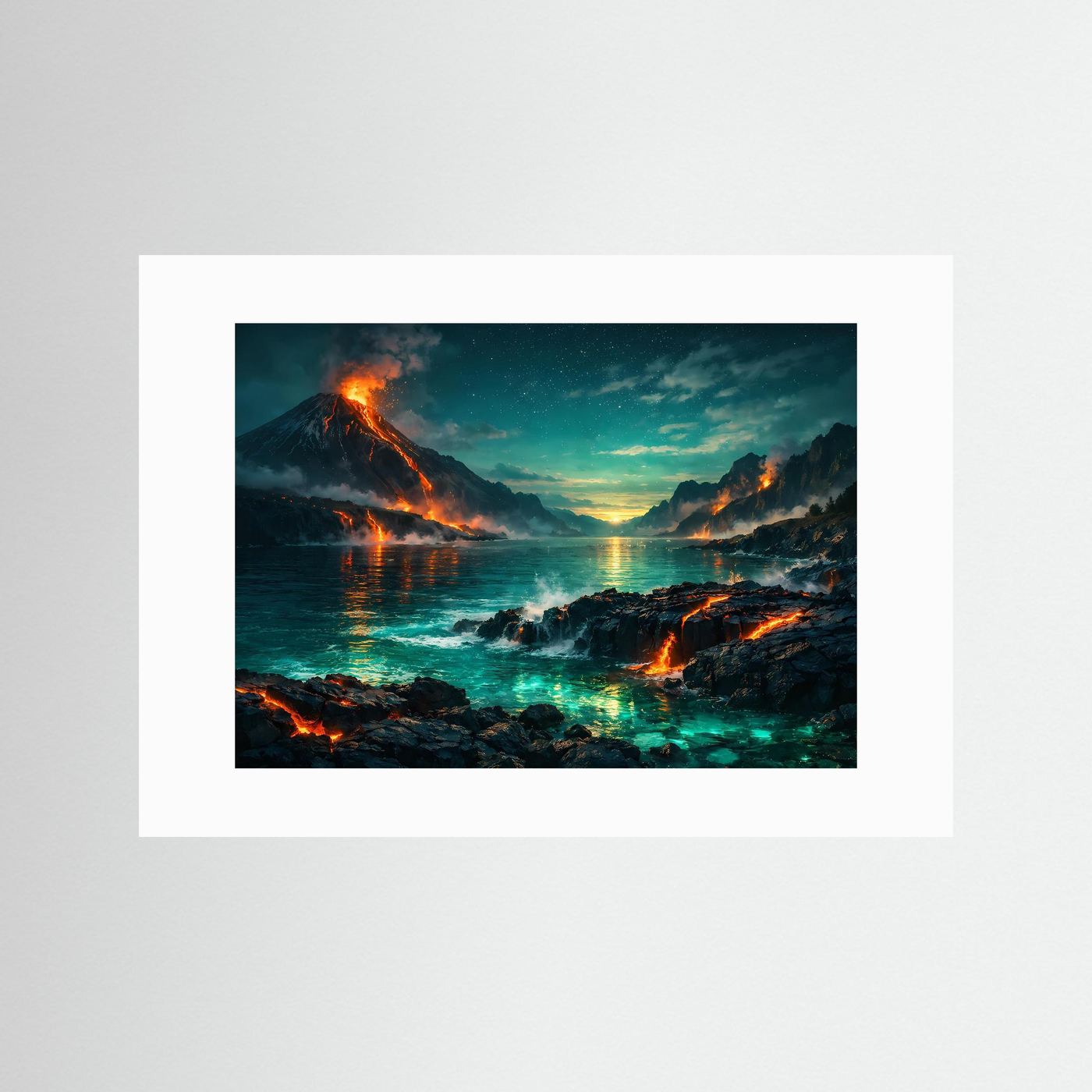 Gerahmtes Wandbild Vulkanlandschaft am Meer mit glühender Lava und Feuerschein, weißer Rahmen