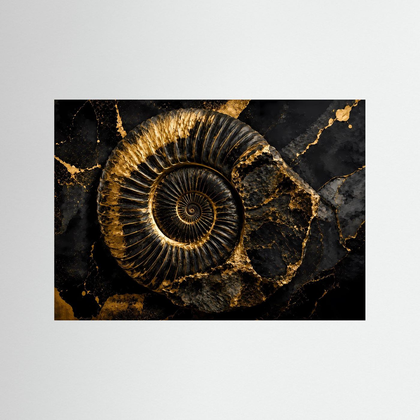 Poster mit goldenem Ammonit auf schwarzem Marmormuster, ohne Rahmen