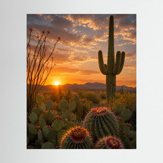 Poster mit Wüsten-Kakteen und Sonnenuntergang, goldene Lichtstimmung