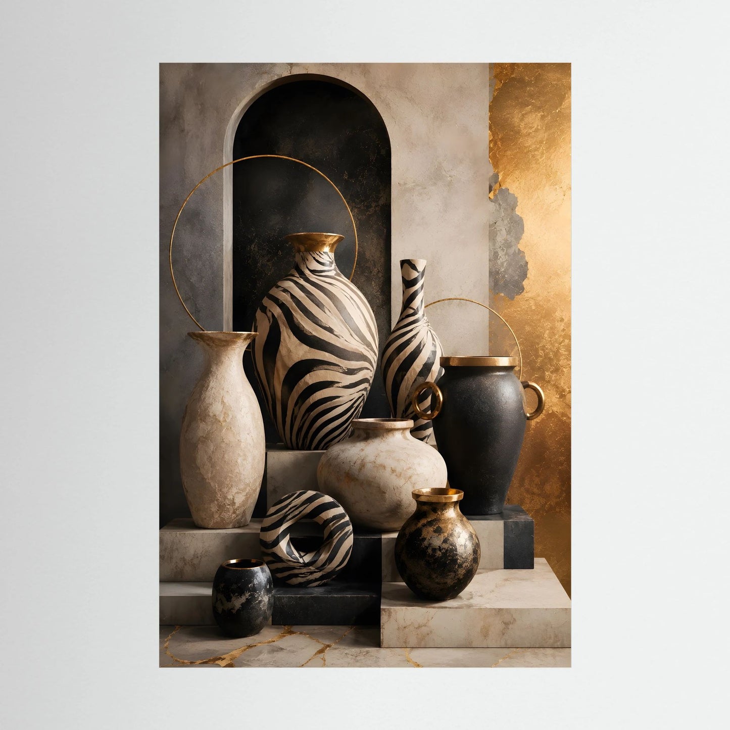 Poster mit Zebra-Vasen-Motiv: Keramik in Schwarz, Weiß und Gold