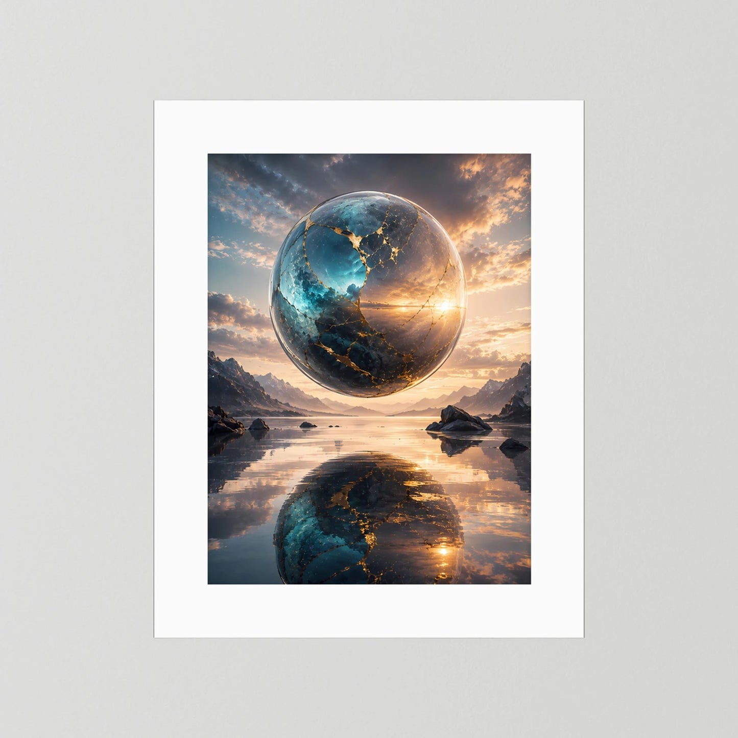 Hochformat-Poster mit schwebender Erdkugel in Blau und Gold, Spiegelung im Wasser, weißes Passepartout