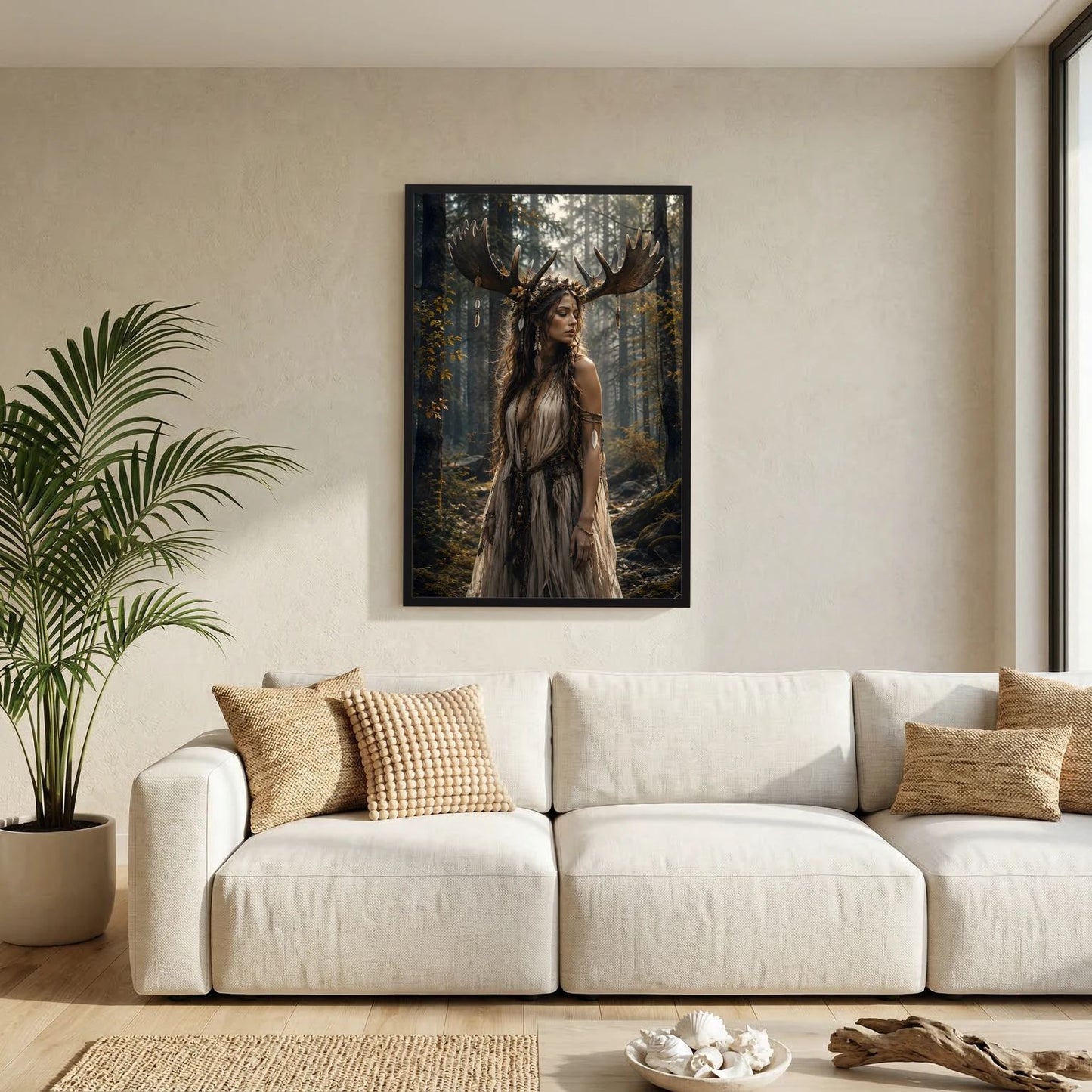 Fantasy-Poster mit Waldgöttin mit Geweih, schwarz gerahmt