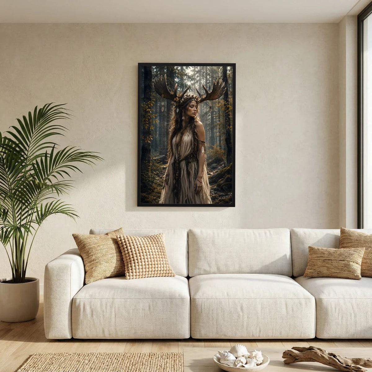 Fantasy-Poster mit Waldgöttin mit Geweih, schwarz gerahmt