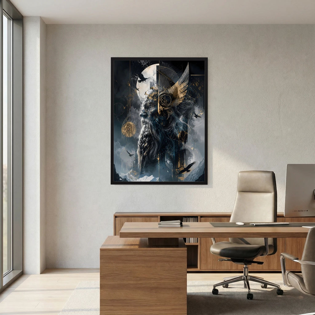 Hochformat-Poster im schwarzen Rahmen: Wolfswesen mit Flügeln, Rauchwolken und goldene Details