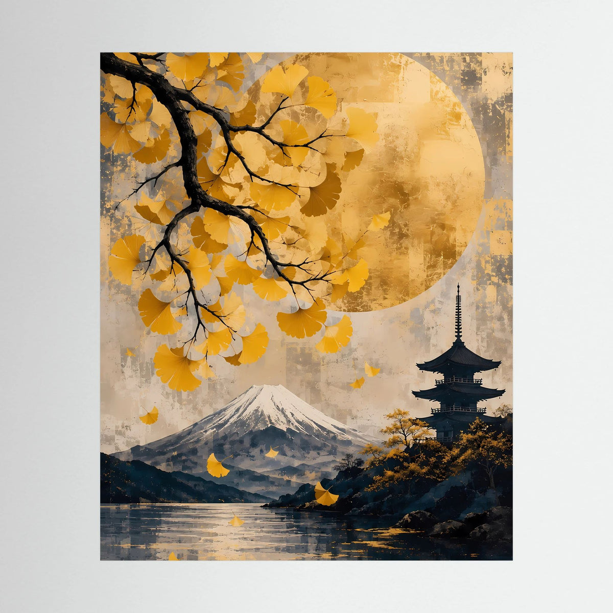 Poster im Hochformat mit japanischer Landschaft, Berg Fuji, Pagode und goldgelben Ginkgoblättern