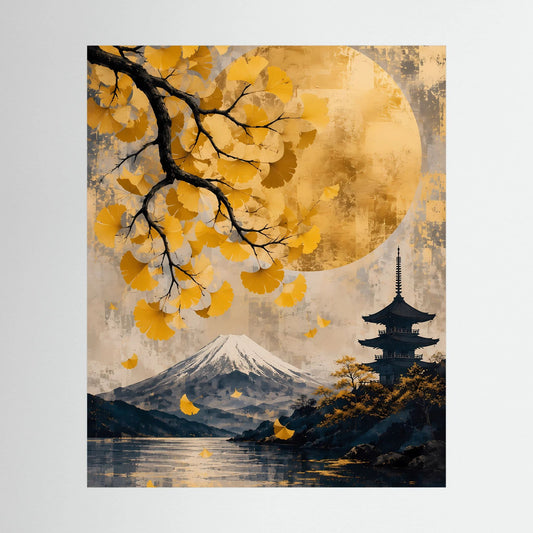 Poster im Hochformat mit japanischer Landschaft, Berg Fuji, Pagode und goldgelben Ginkgoblättern