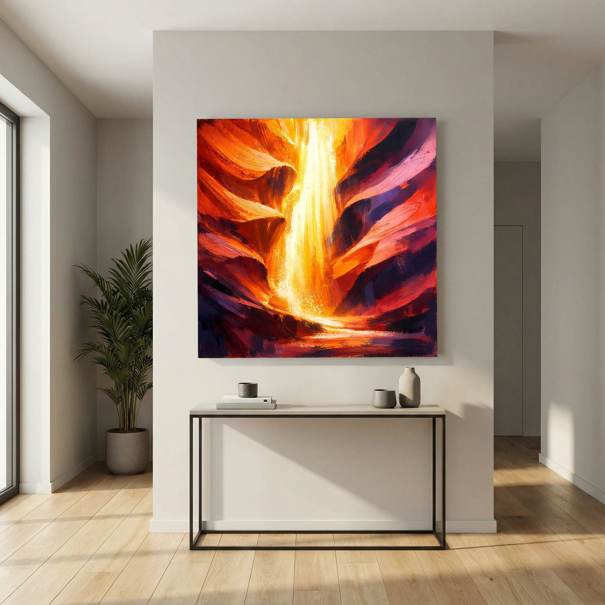 Leinwand-Wandbild mit leuchtender Mitte und geschwungenen Felsstrukturen in Orange und Dunkelblau