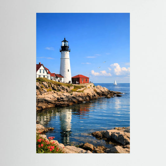 Hochformatiges Wandbild mit weißem Leuchtturm an der Küste, roten Dächern und Meer