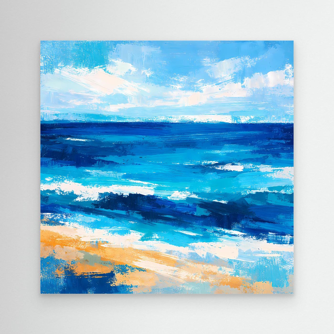 Abstract ocean canvas wall art with blue sky, waves, and sandy highlights, unframed
