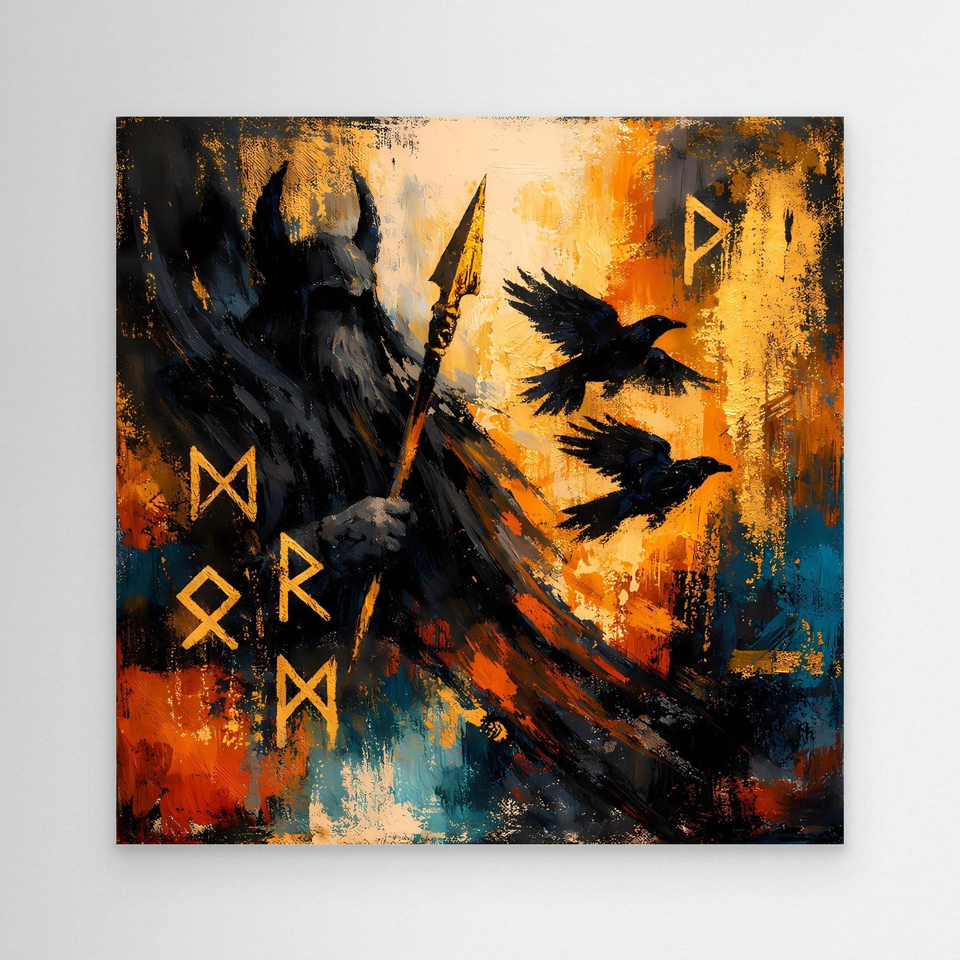 Wandbild: schwarzer Odin mit Speer und Raben, abstrakt in Orange und Blau