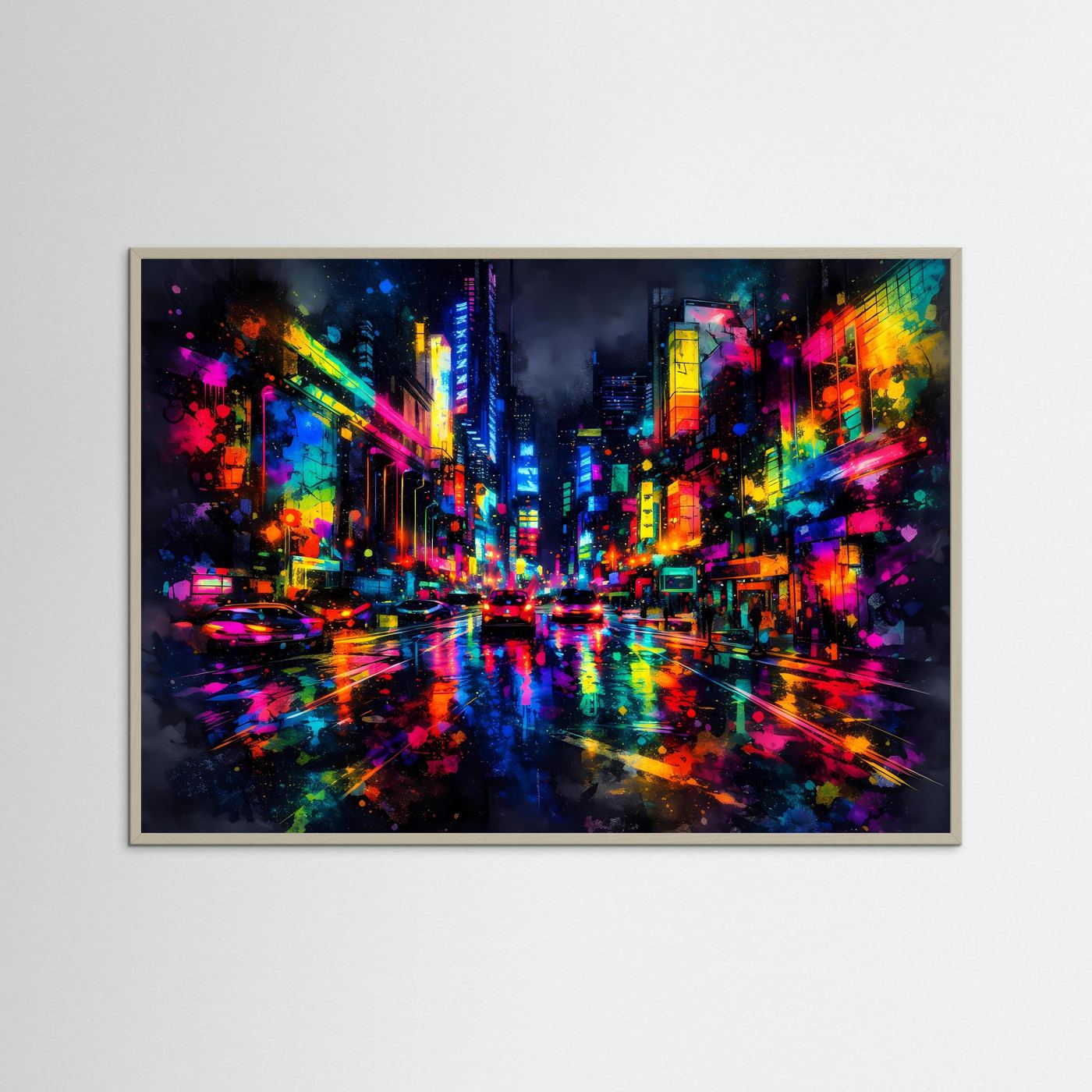 Neon-Stadtposter Querformat mit bunten Lichtern, im grauen Rahmen