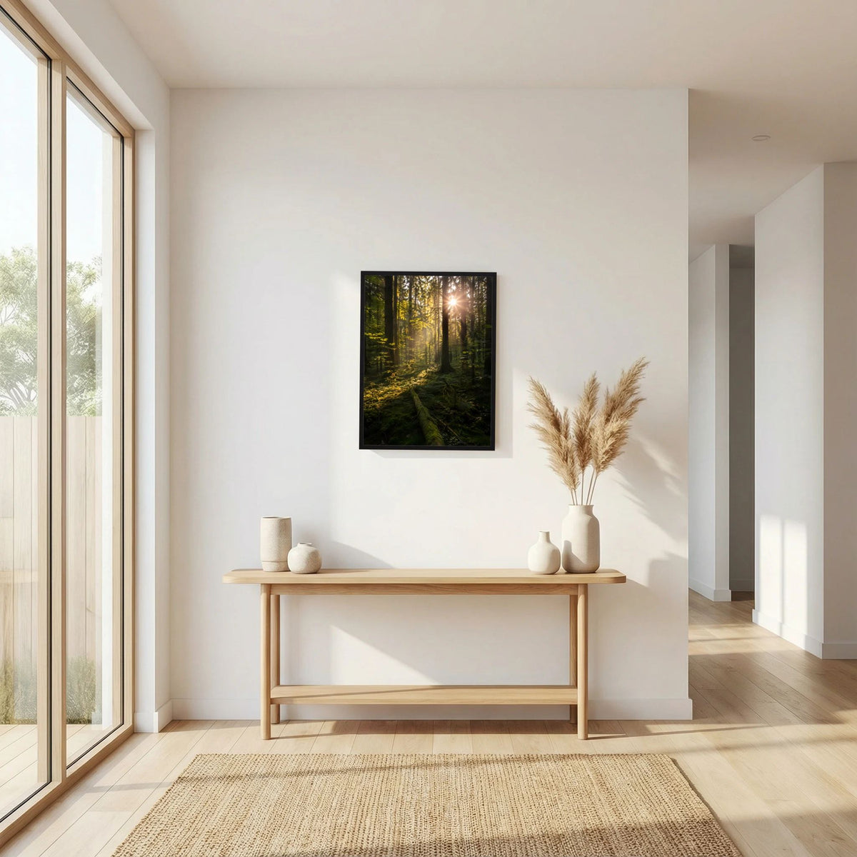 Hochformat-Poster Wald mit Sonnenstrahlen, dunkelgrün, schwarz gerahmt