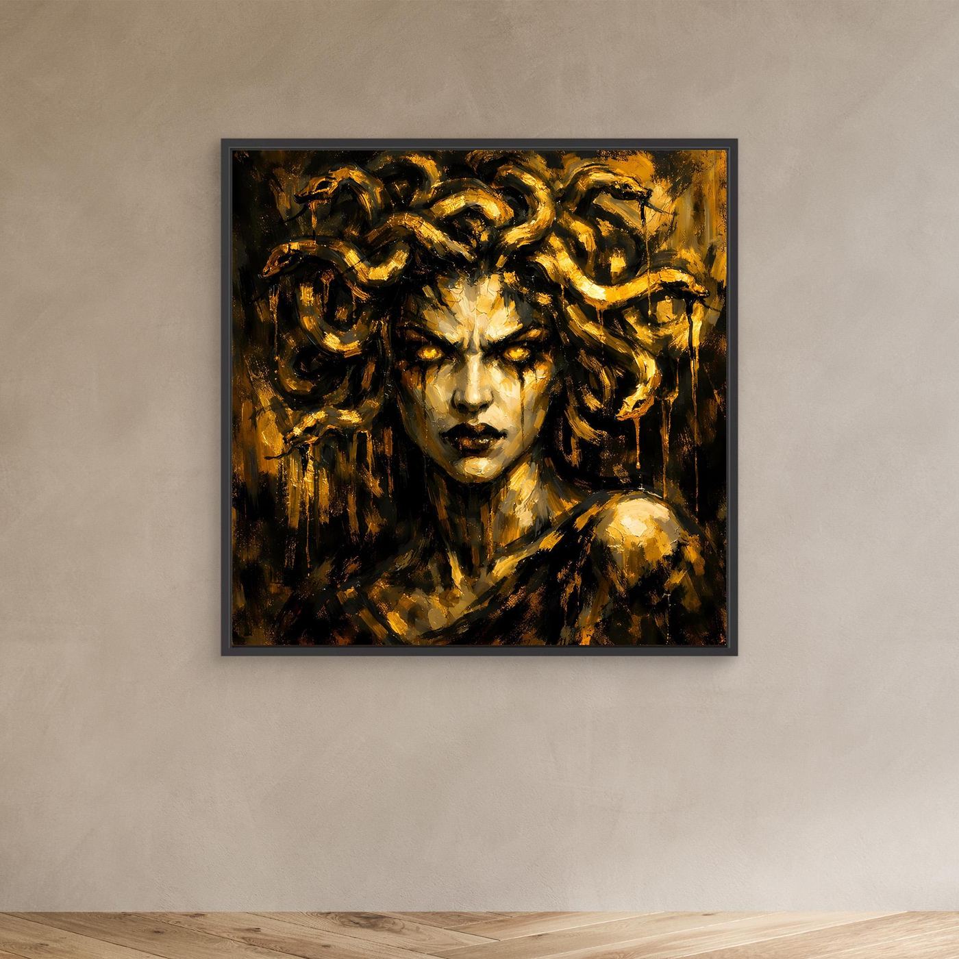 Leinwand Goldene Medusa in düsterer Optik | Modernes Mythologie Wandbild Luxus