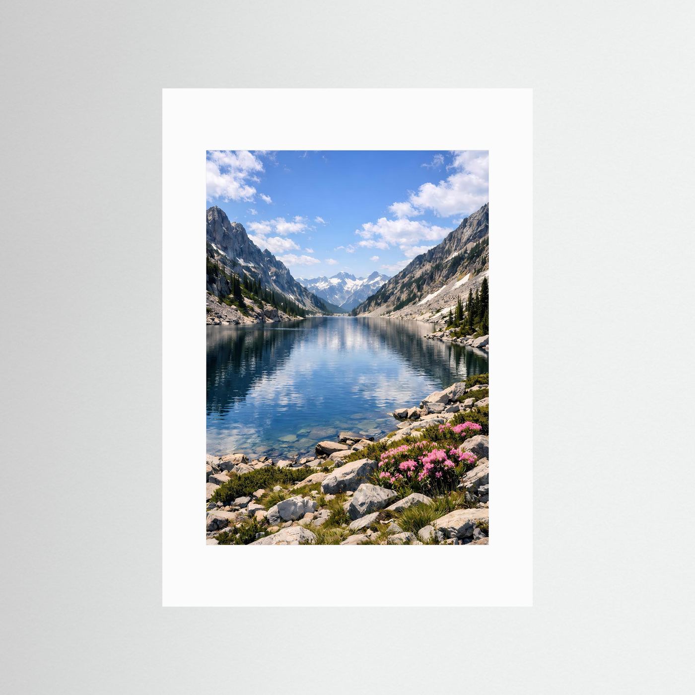 Alpensee-Poster im Hochformat mit weißem Passepartout, spiegelnde Berge und Wildblumen