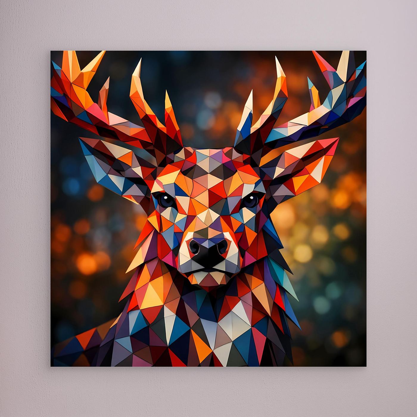 Gerahmtes Leinwandbild: geometrischer Hirsch in buntem Polygon-Stil, naturfarben gerahmt