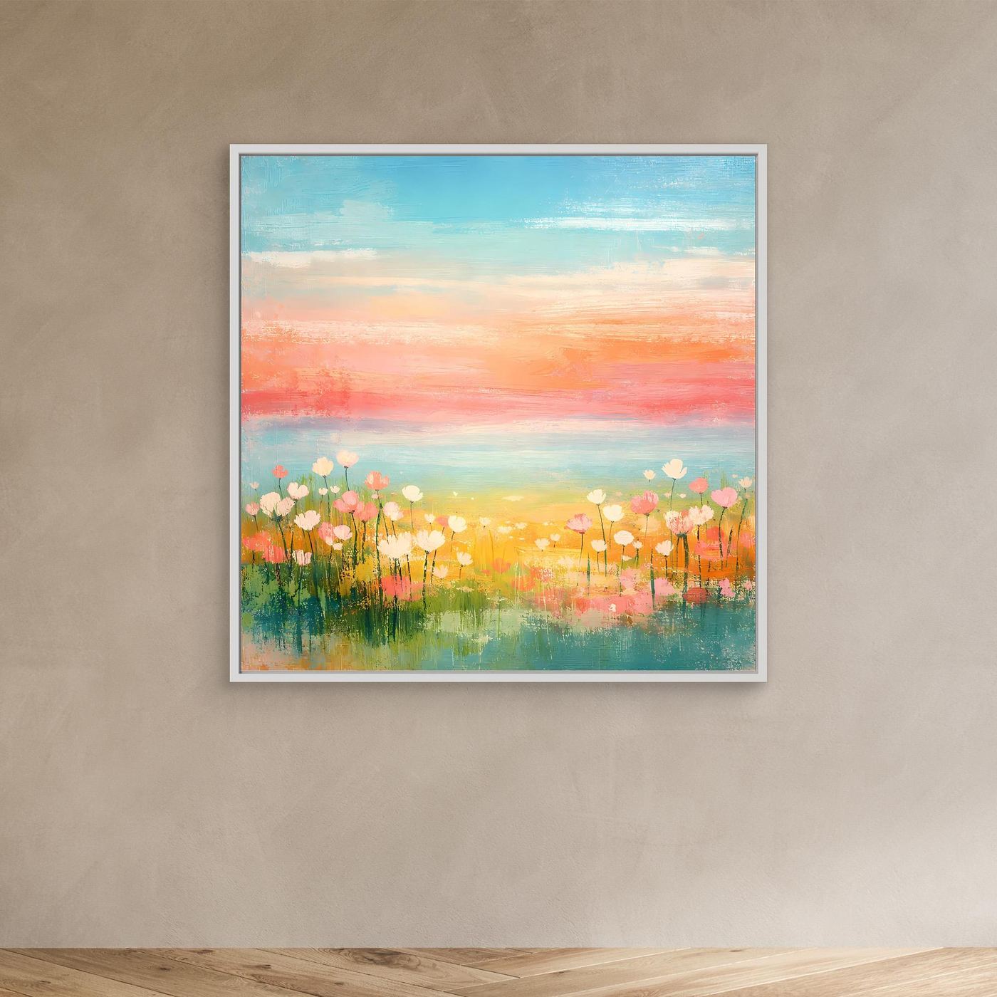 Abstraktes Leinwandbild mit silberfarbenem Rahmen: Blumenwiese am Meer