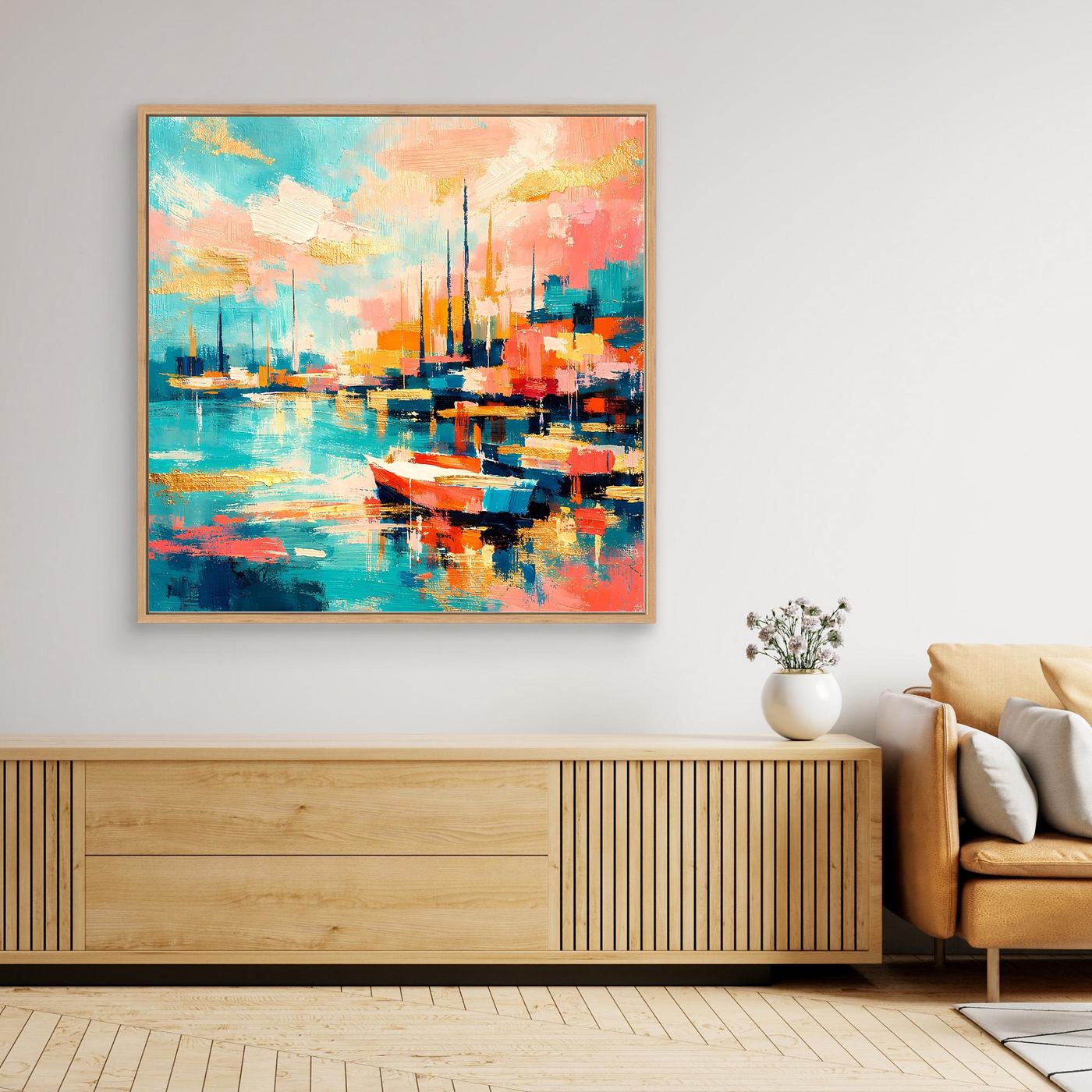 Leinwandbild mit abstraktem Hafenbecken-Motiv im goldfarbenen Rahmen, Boote und Farben