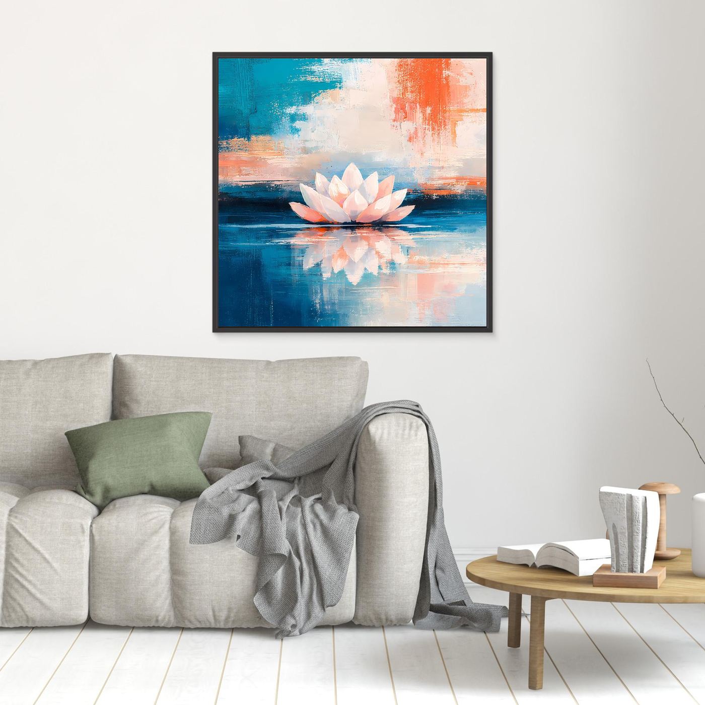 Leinwand Abstrakte Lotusblüte auf dem Wasser | Modernes Seerosen Wandbild Blau Orange