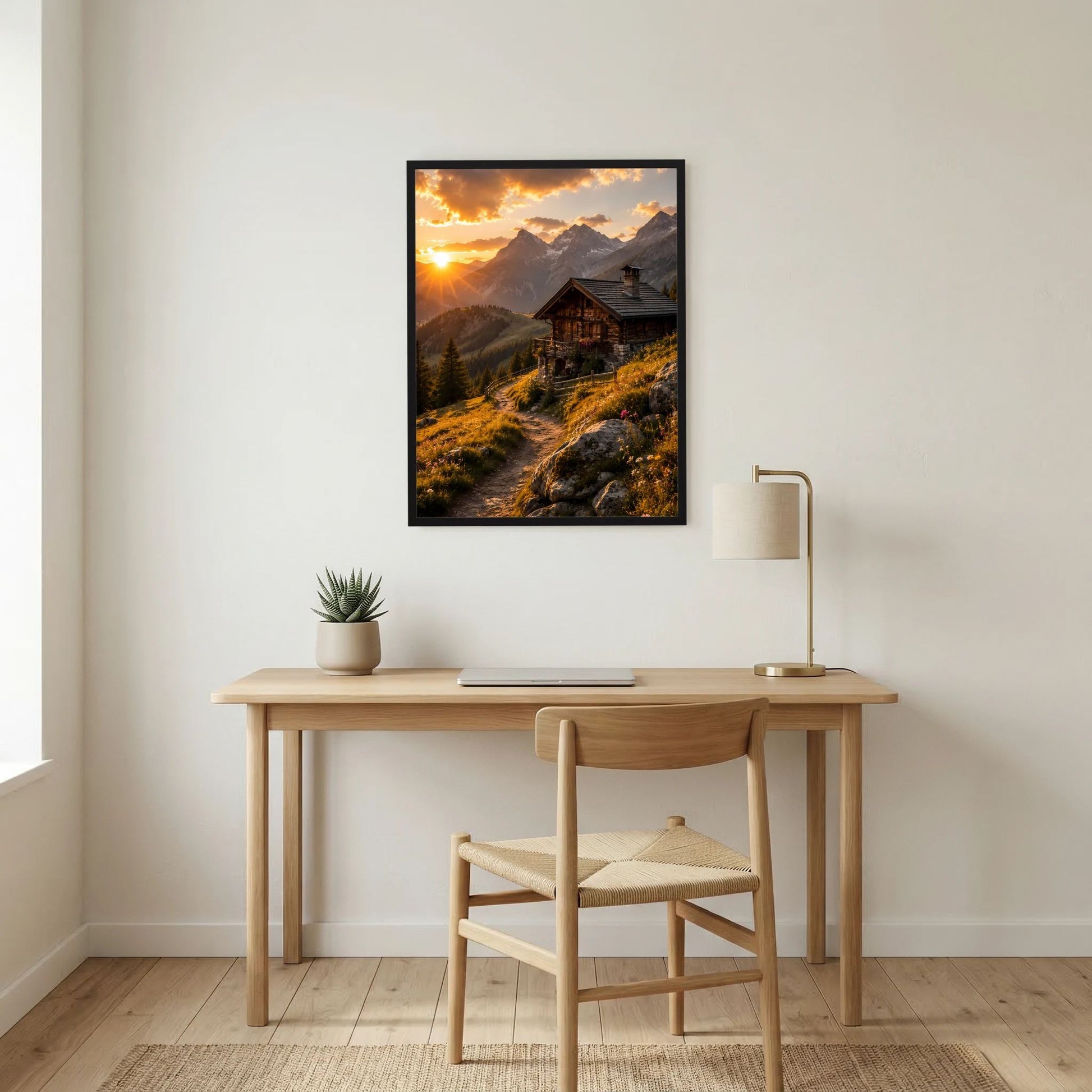 Hochformat-Poster mit schwarzem Rahmen, Alpenhütte bei Abendsonne vor Berglandschaft