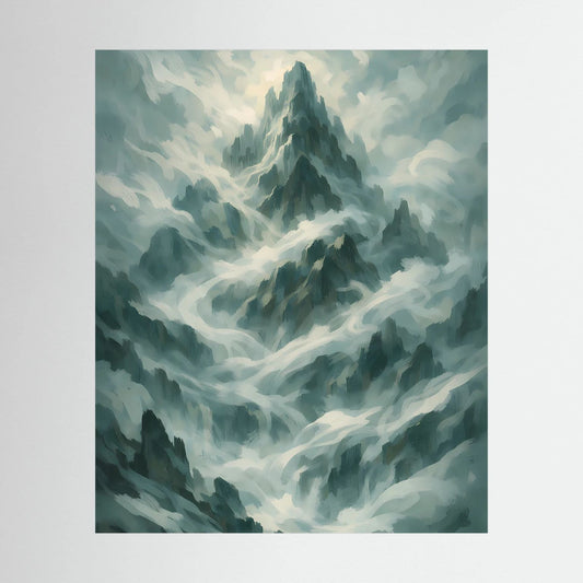 Hochformatiges Wandposter mit grünen und grauen Fantasiebergen im Nebel