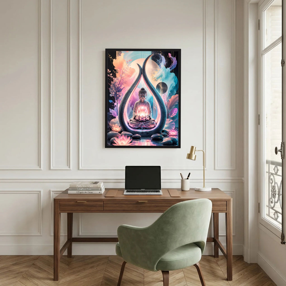 Hochformat-Poster mit Buddha im Lotussitz, von rosa und blauem Aquarell umgeben