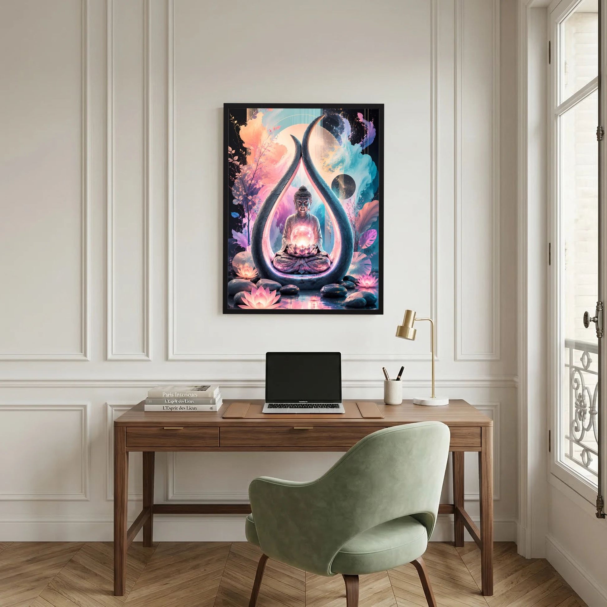 Hochformat-Poster mit Buddha im Lotussitz, von rosa und blauem Aquarell umgeben