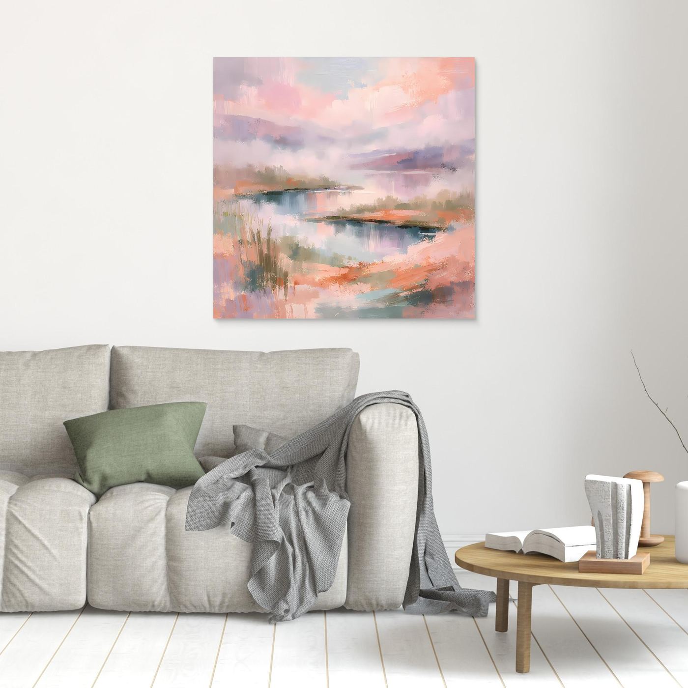 Pastellfarbenes abstraktes Seenlandschaft-Wandbild auf Leinwand