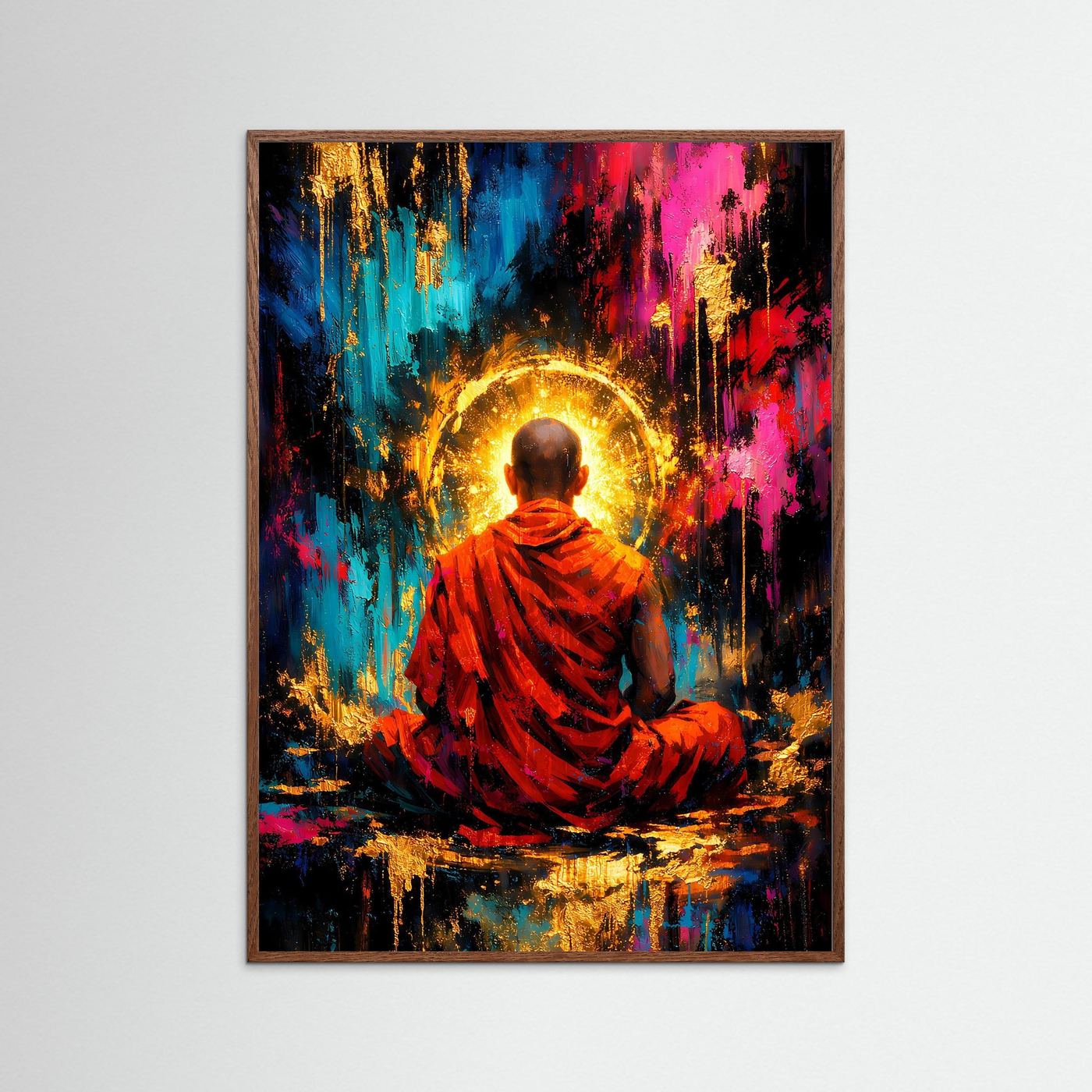 Poster: sitzender Mönch im Lotussitz, rotes Gewand, goldener Aura-Kranz, abstrakt, dunkler Eichenrahmen