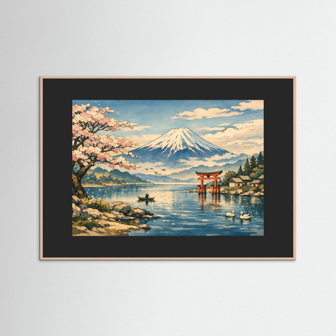 Gerahmtes Poster: Fuji im Kirschblütensee, dunkelgrauer Rahmen, farbiges Motiv