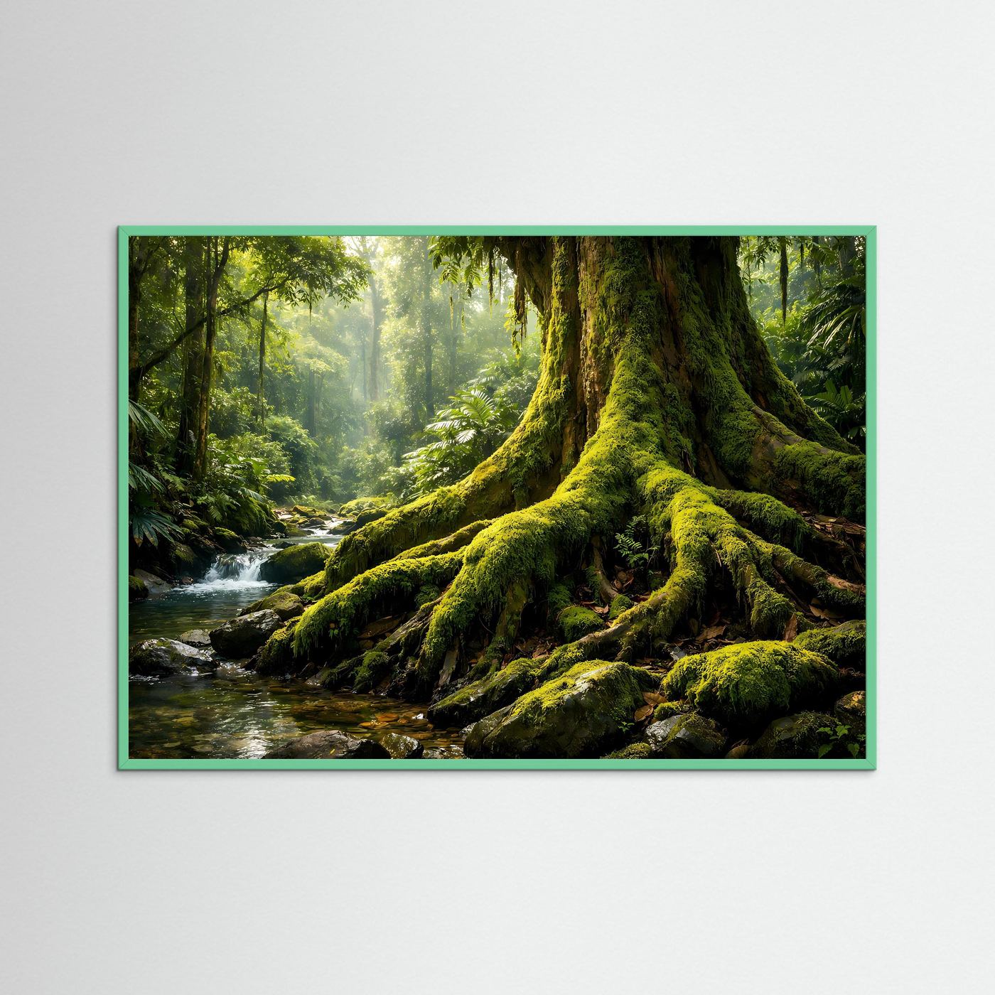 Naturposter im Querformat, helle Holzrahmen: Urwaldbaum am Bachlauf mit moosigen Wurzeln.
