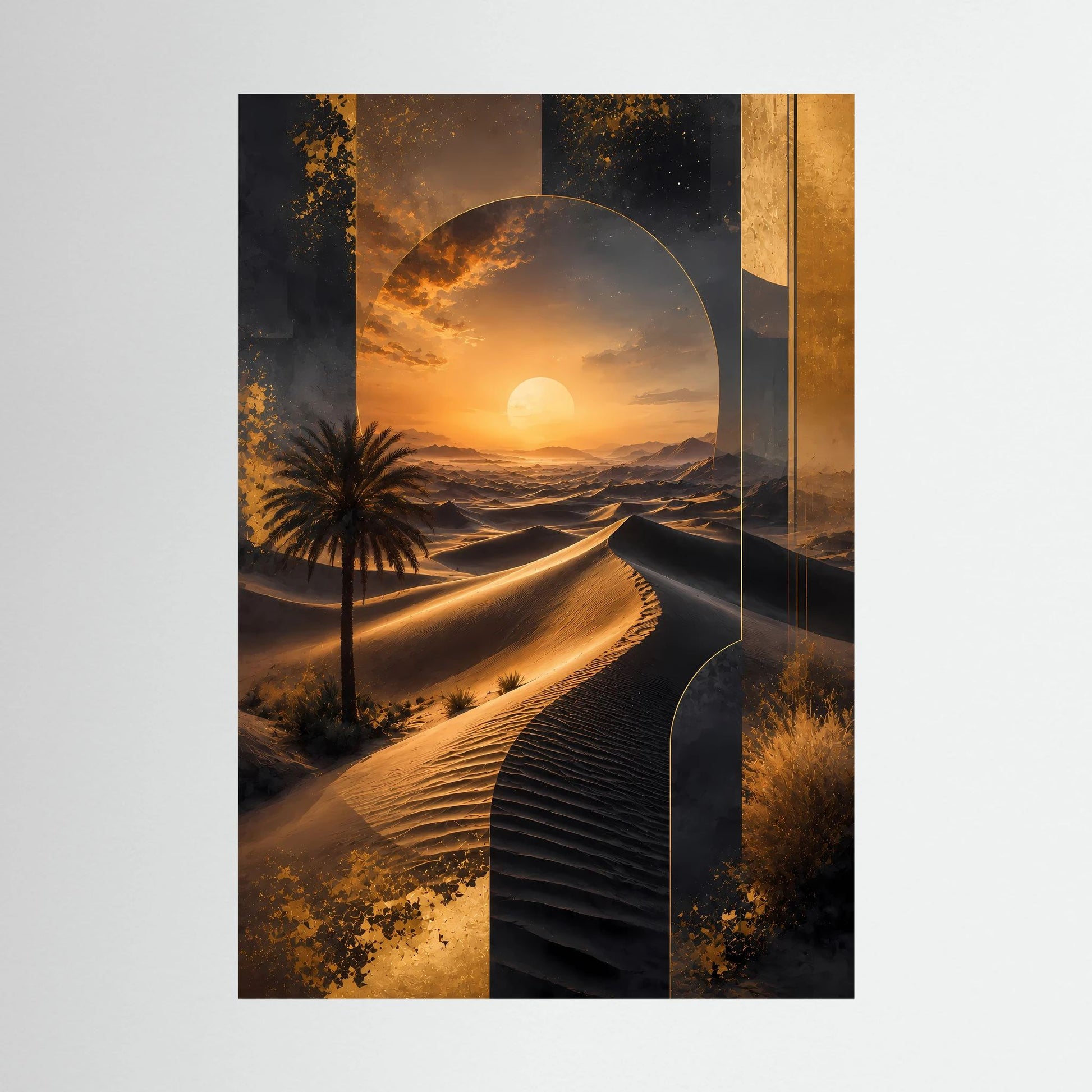 Poster mit abstrakter Wüstenlandschaft, goldene Dünen und Sonne im Hochformat