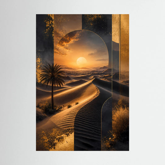 Poster mit abstrakter Wüstenlandschaft, goldene Dünen und Sonne im Hochformat