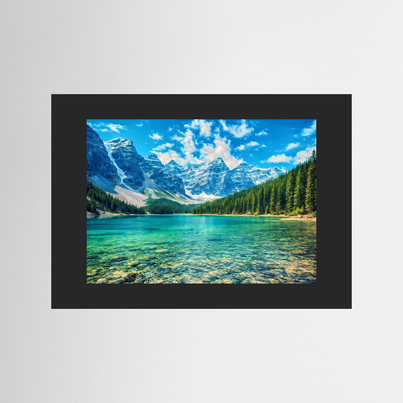 Wandbild mit türkisblauem See und Bergpanorama im schwarzen Rahmen