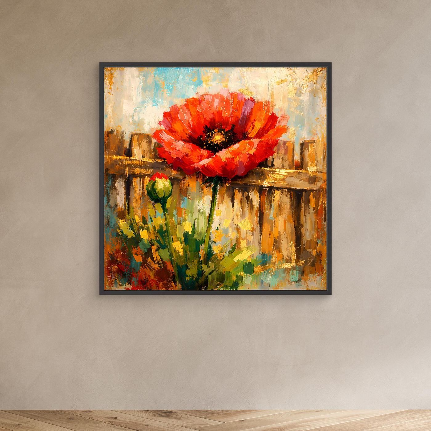 Kleines Leinwandbild mit abstrakter roter Mohnblume und grünem Stiel, schwarzer Rahmen