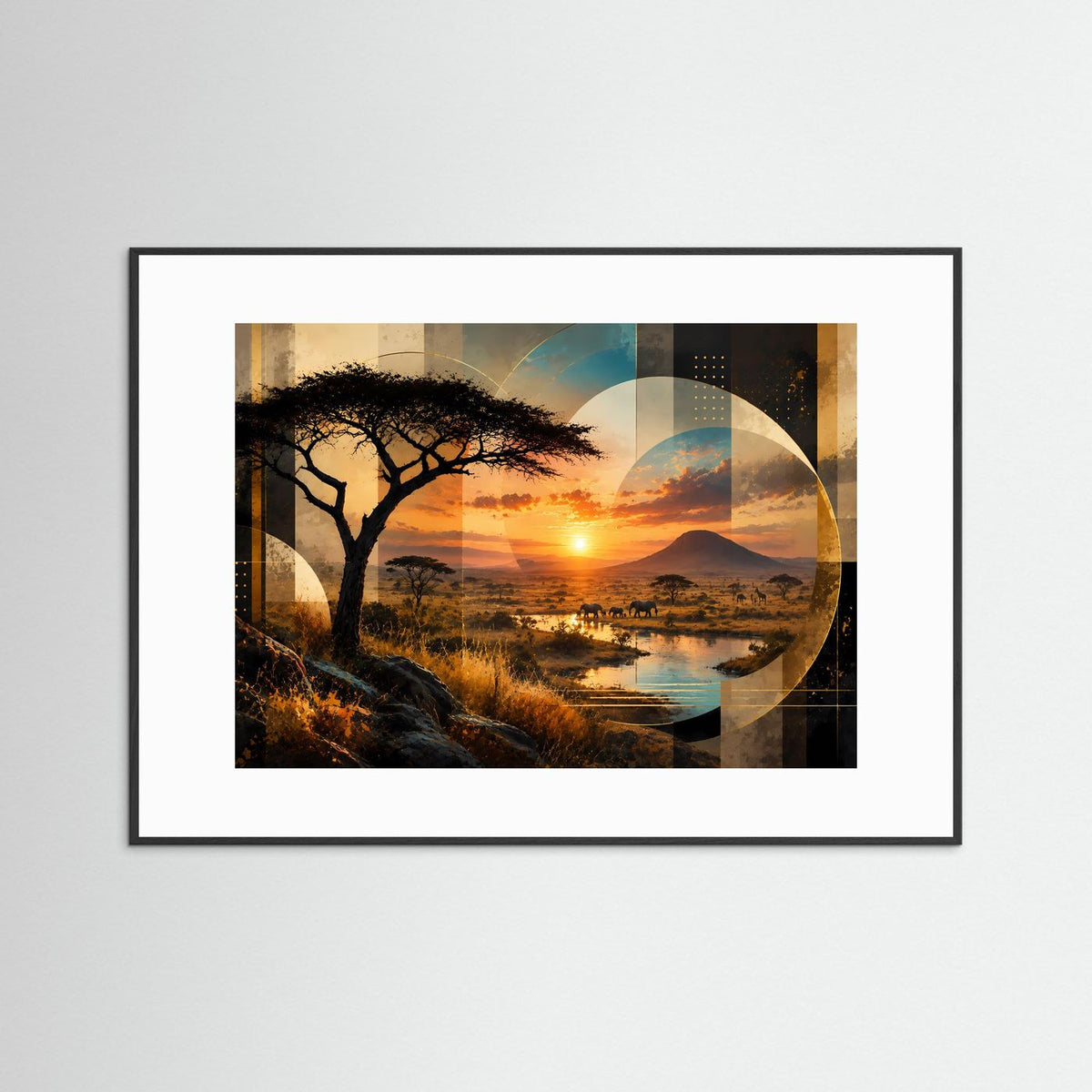 Querformat-Poster mit Savannenlandschaft: Baum-Silhouette, Sonnenuntergang, Berg und Fluss, schwarzer Rahmen.
