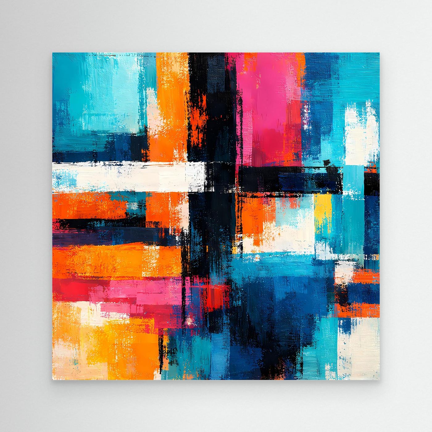 Abstract geometric canvas painting with colorful blocks and lines, unframed