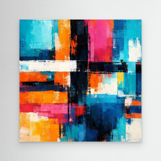 Abstract geometric canvas painting with colorful blocks and lines, unframed