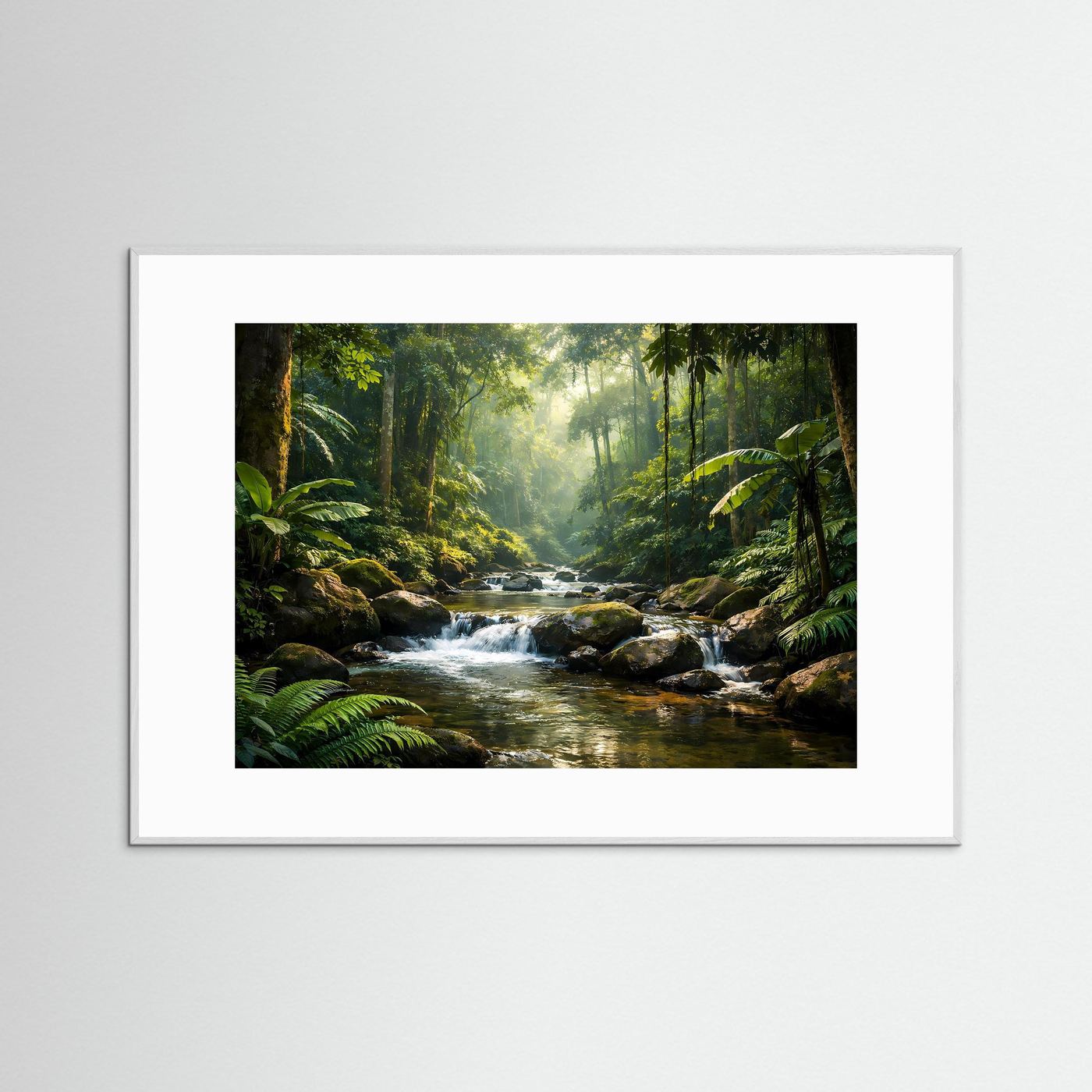 Querformat-Dschungelposter mit Flusslauf, weißer Rahmen mit weißem Rand
